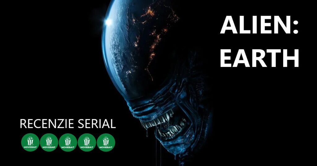 Poster recenzie serial "ALIEN: EARTH" cu cinci insigne verzi de evaluare cu logo-ul "MOVIERBAIT".
