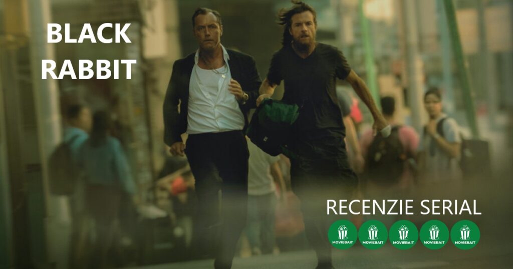 Poster recenzie serial "BLACK RABBIT" cu cinci insigne verzi de evaluare cu logo-ul "MOVIEBAIT".
