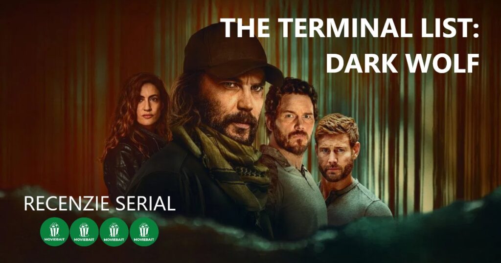 Poster recenzie serial "THE TERMINAL LIST: DARK WOLF", cu patru insigne verzi de evaluare cu logo-ul "MOVIEBAIIT".
