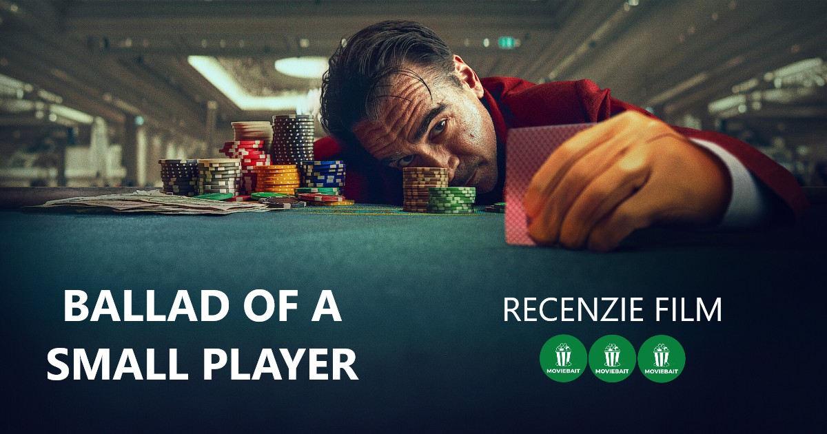 Poster recenzie film "BALLAD OF A SMALL PLAYER" cu trei insigne verzi de evaluare cu logo-ul "MOVIEBAIT".